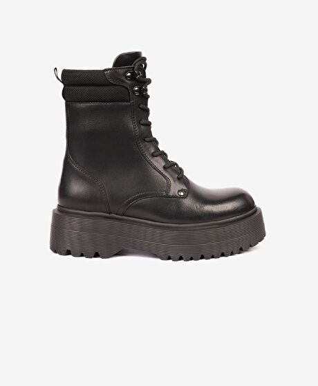 Kadın Parlak Siyah Hakiki Deri Memory Foam Taban Military Bot