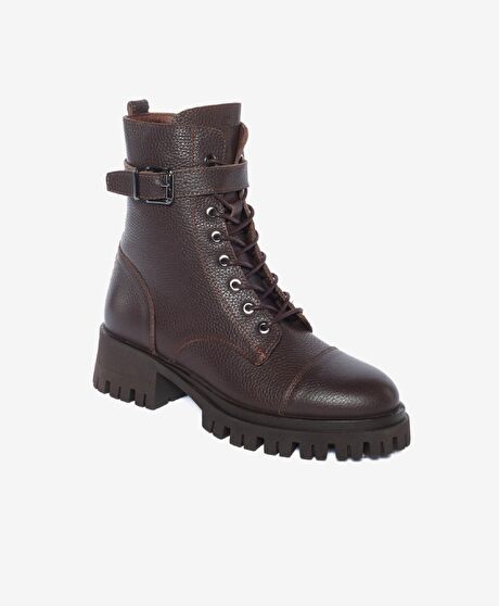 Kadın Kahverengi Hakiki Deri Military Bot