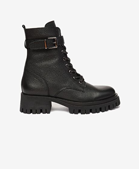 Kadın Siyah Hakiki Deri Military Bot