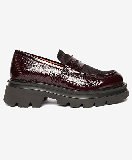 Kadın Bordo Kırışık Rugan Hakiki Deri Loafer Ayakkabı