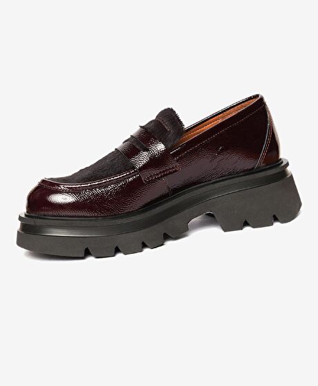 Kadın Bordo Kırışık Rugan Hakiki Deri Loafer Ayakkabı