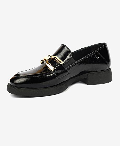 Kadın Siyah Kırışık Rugan Hakiki Deri Loafer Ayakkabı