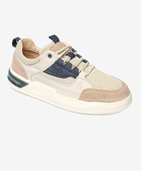 Erkek Beyaz Açık Vizon Hakiki Deri Sneaker Ayakkabı