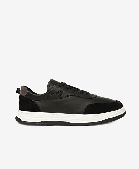 Erkek Siyah Gri Hakiki Deri Sneaker Ayakkabı