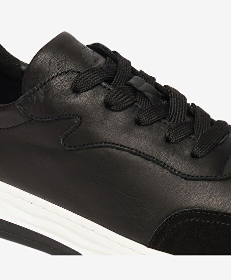 Erkek Siyah Gri Hakiki Deri Sneaker Ayakkabı