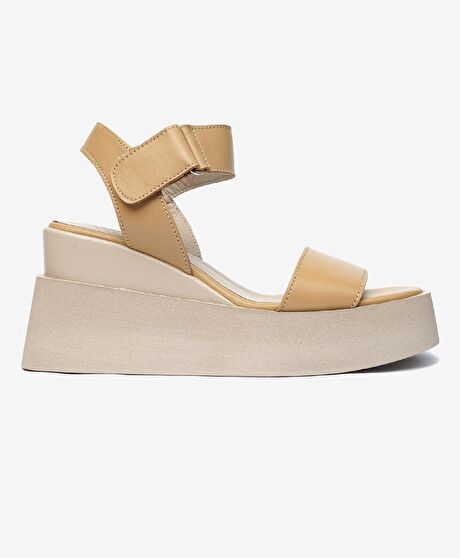 Kadın Krem Hakiki Deri Sandalet