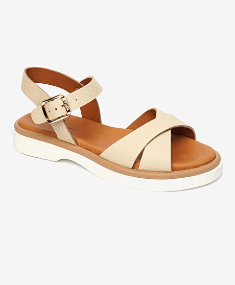 Kadın Bej Hakiki Deri Sandalet