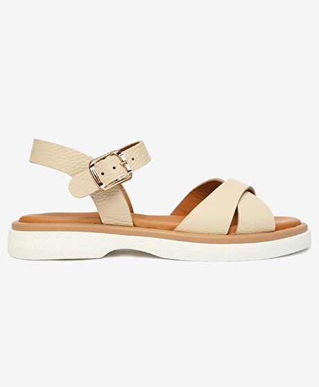 Kadın Bej Hakiki Deri Sandalet