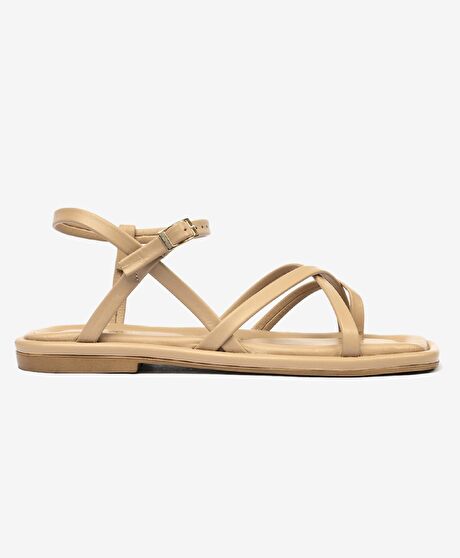 Kadın Krem Hakiki Deri Sandalet