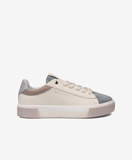 Kadın Beyaz Mavi Hakiki Deri Sneaker Ayakkabı