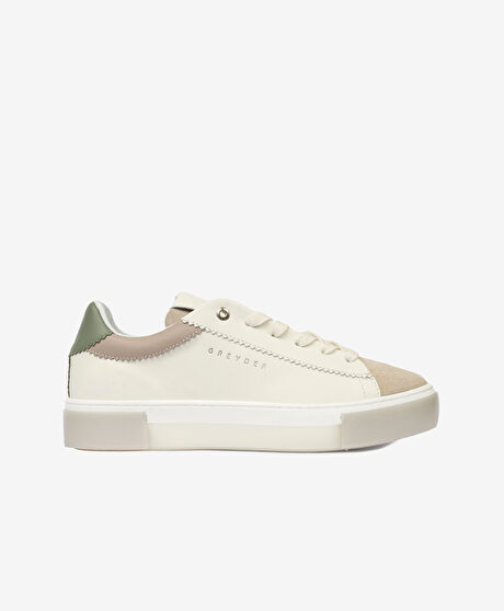 Kadın Beyaz Yeşil Hakiki Deri Sneaker Ayakkabı