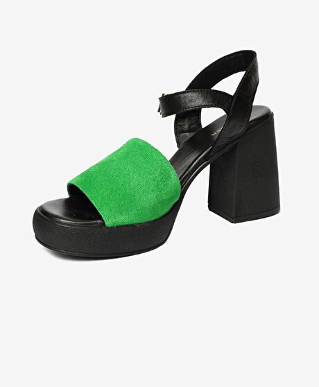 Kadın Siyah Yeşil Hakiki Deri Sandalet