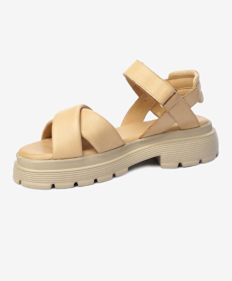 Kadın Krem Hakiki Deri Sandalet