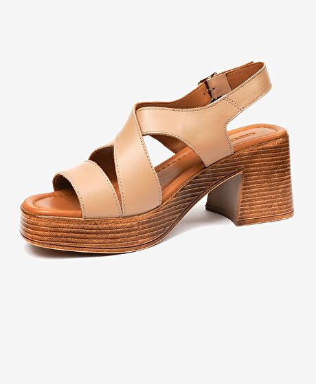 Kadın Krem Hakiki Deri Topuklu Sandalet