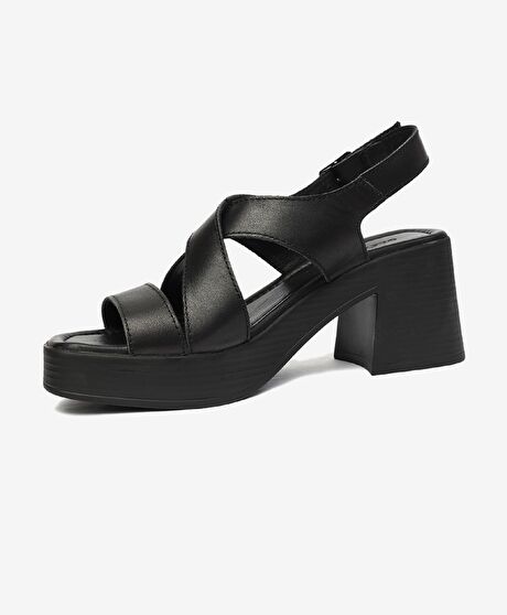 Kadın Siyah Hakiki Deri Topuklu Sandalet