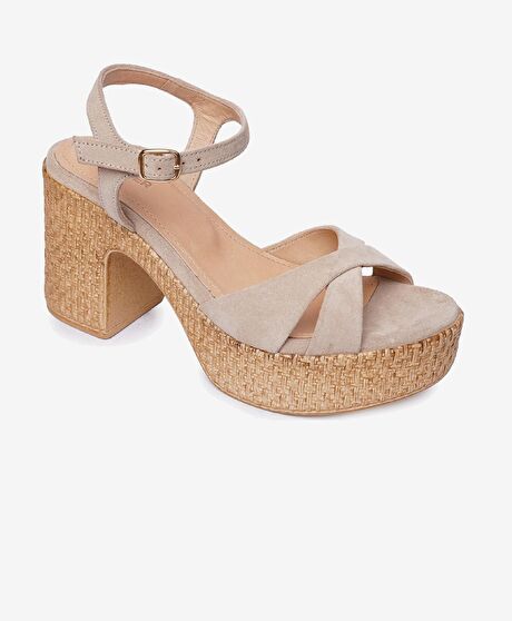 Kadın Bej Süet Hakiki Deri Topuklu Sandalet