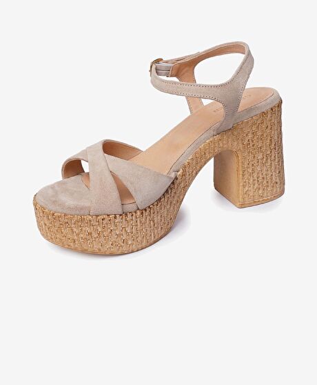 Kadın Bej Süet Hakiki Deri Topuklu Sandalet