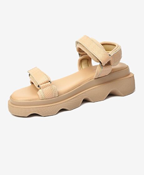 Kadın Krem Hakiki Deri Sandalet