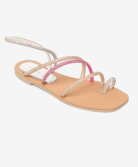 Kadın Pembe Hakiki Deri Taşlı Sandalet