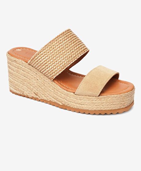 Kadın Bej Keten-Bisküvi Süet Topuklu Terlik