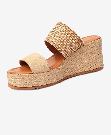 Kadın Bej Keten-Bisküvi Süet Topuklu Terlik