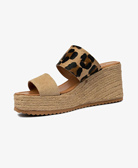 Kadın Leopar-Bisküvi Süet Hakiki Deri Topuklu Terlik