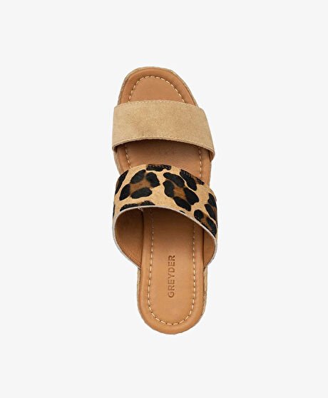 Kadın Leopar-Bisküvi Süet Hakiki Deri Topuklu Terlik