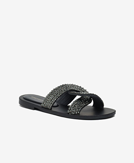 Kadın Siyah Hakiki Deri Taşlı Terlik