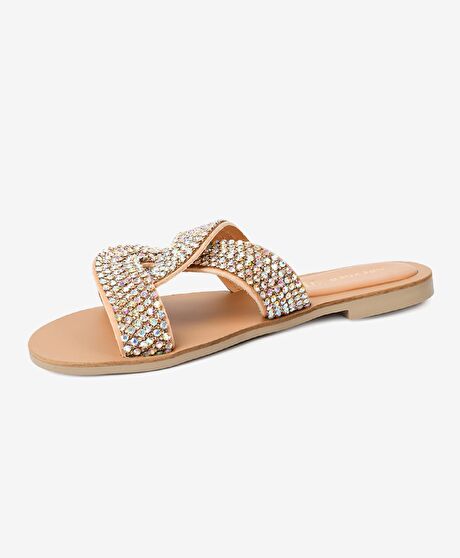 Kadın Pembe Hakiki Deri Taşlı Terlik