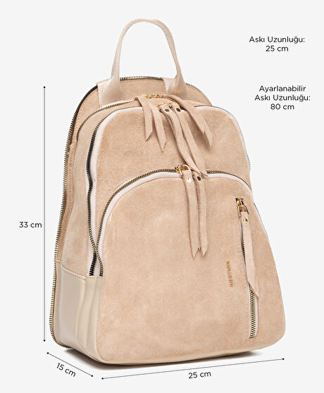Kadın Bej Hakiki Deri Sırt Çantası