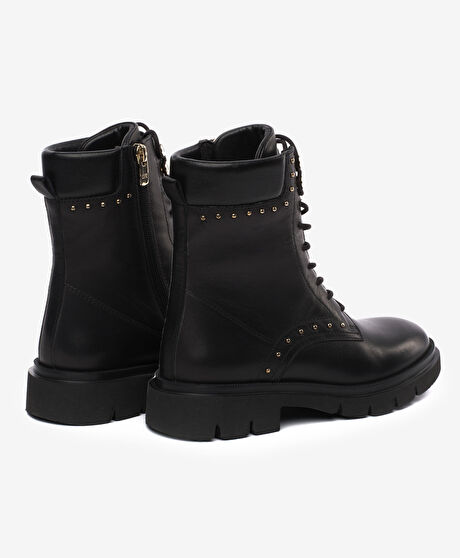 Kadın Siyah Hakiki Deri Military Bot