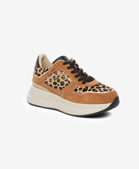 Kadın Taba Leopar Hakiki Deri Spor Ayakkabı