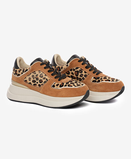 Kadın Taba Leopar Hakiki Deri Spor Ayakkabı