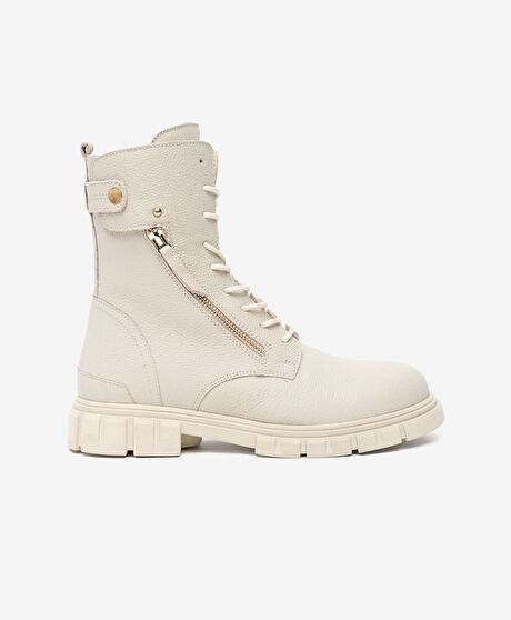 Kadın Ekru Hakiki Deri Military Bot