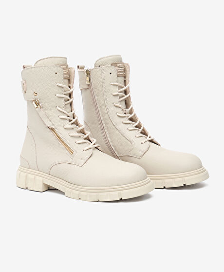 Kadın Ekru Hakiki Deri Military Bot