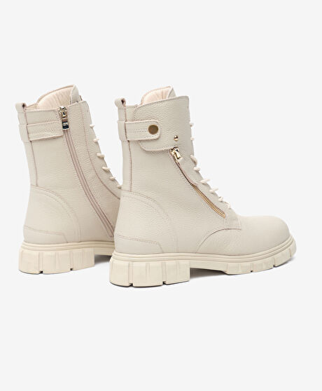 Kadın Ekru Hakiki Deri Military Bot