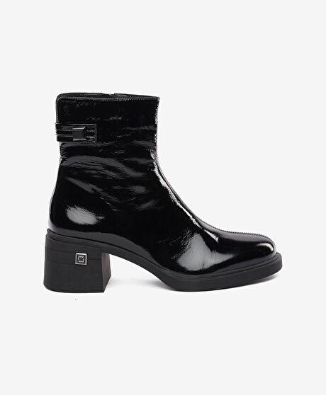 Kadın Siyah Rugan Hakiki Deri Topuklu Bot