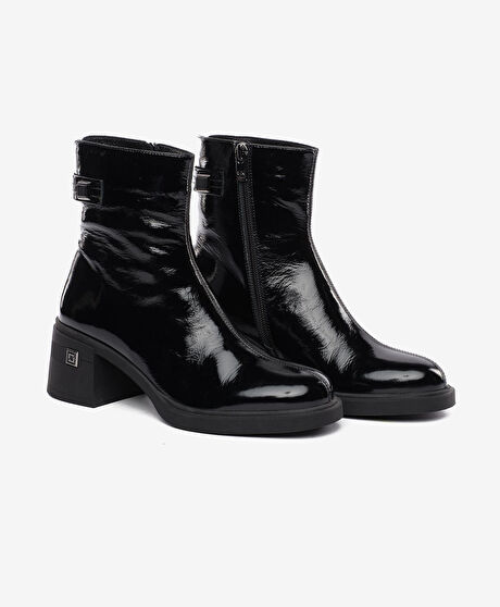 Kadın Siyah Rugan Hakiki Deri Topuklu Bot