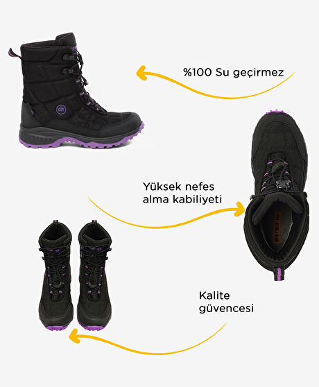 Kız Çocuk Siyah Mor Su Geçirmez Outdoor Kar Botu