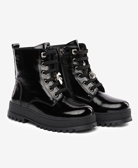 Çocuk Siyah Hakiki Deri Military Bot