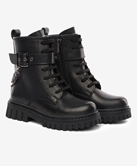 Kız Çocuk Siyah Hakiki Deri Military Bot