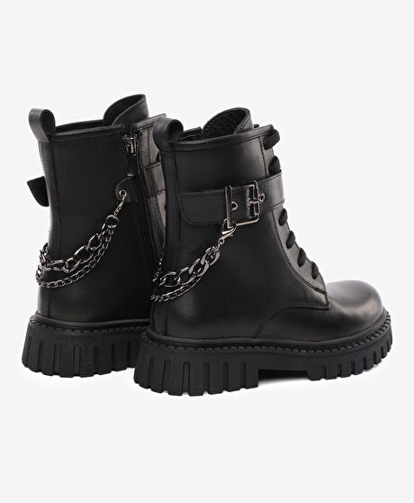 Kız Çocuk Siyah Hakiki Deri Military Bot