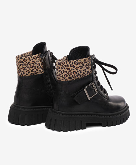 Kız Çocuk Siyah Hakiki Deri Military Bot