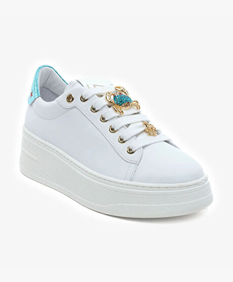 Kadın Beyaz Mavi Hakiki Deri Sneaker Ayakkabı