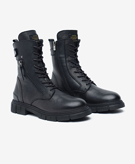 Kadın Siyah Hakiki Deri Military Bot