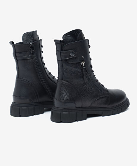 Kadın Siyah Hakiki Deri Military Bot