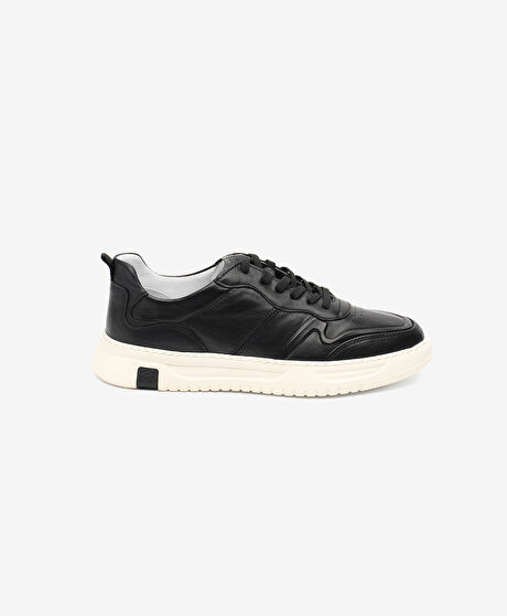 Erkek Siyah Ekru Hakiki Deri Sneaker Ayakkabı