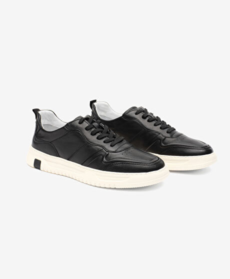 Erkek Siyah Ekru Hakiki Deri Sneaker Ayakkabı