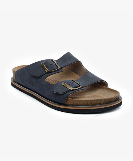 Erkek Lacivert Hakiki Deri Nubuk Terlik