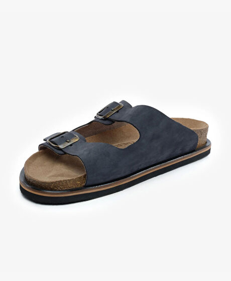 Erkek Lacivert Hakiki Deri Nubuk Terlik